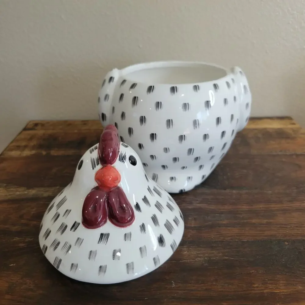 Farmhouse Ceramic Chicken Lidded Bowl Brushstroke Pattern